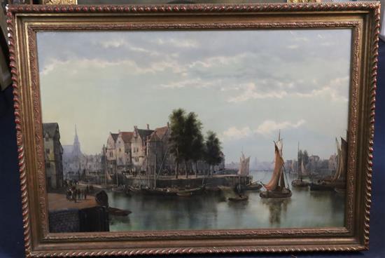 William Howard (19th century) Flemish town scene with busy canals and figures on the quayside in the foreground 24 x 36in.